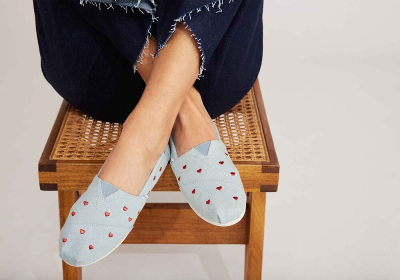 Toms Denim Embroidered Hearts Espadrille Blå | 1437OSLQM