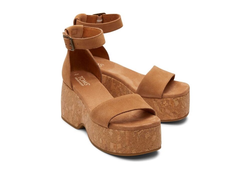 Toms Laila Tan Semsket Skinn Platform Cork Platåsandaler Brune | 3250GVRWC