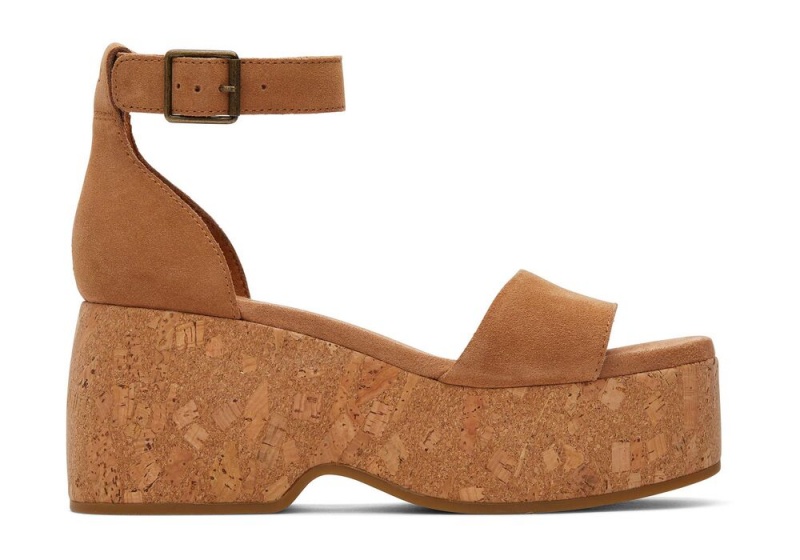 Toms Laila Tan Semsket Skinn Platform Cork Platåsandaler Brune | 3250GVRWC