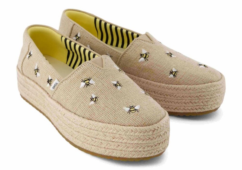 Toms Valencia Embroidered Bees Platform Espadrille Beige | 0782FYDIB