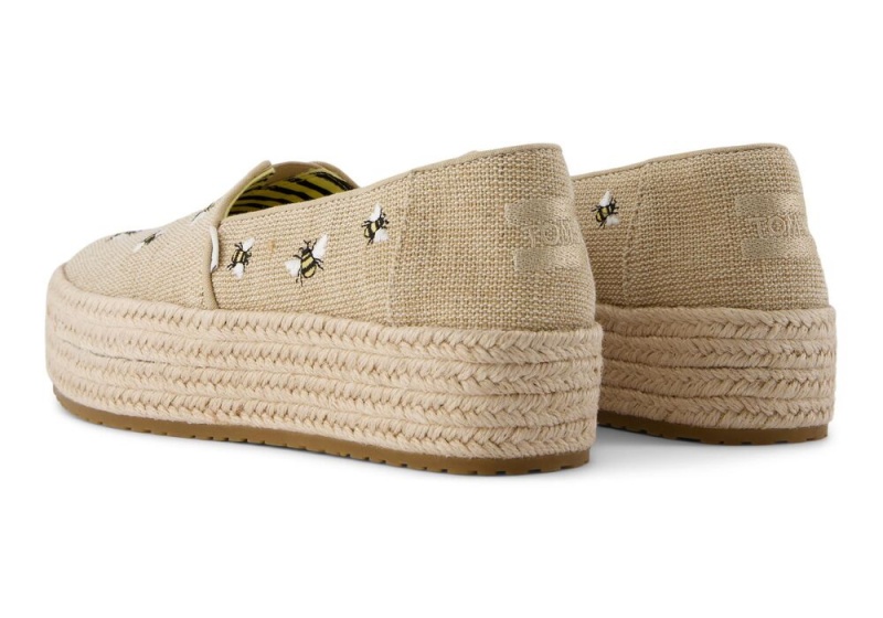 Toms Valencia Embroidered Bees Platform Espadrille Beige | 0782FYDIB