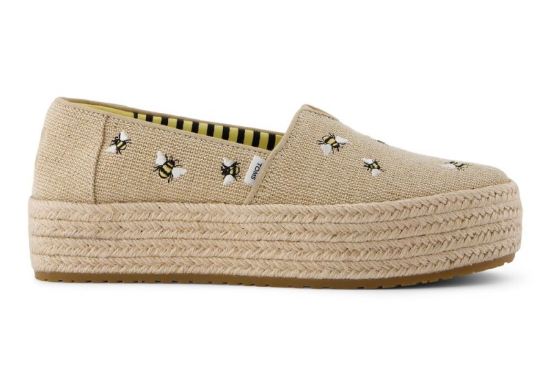 Toms Valencia Embroidered Bees Platform Espadrille Beige | 0782FYDIB